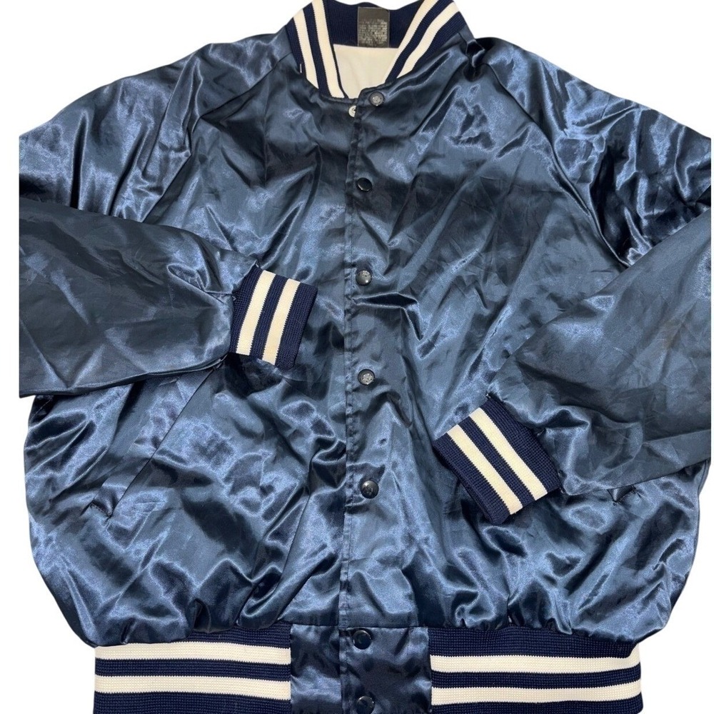 VTG Aristo Jac USA Navy Blue Satin Bomber Jacket L 70s 80s Varsity Snap Blank